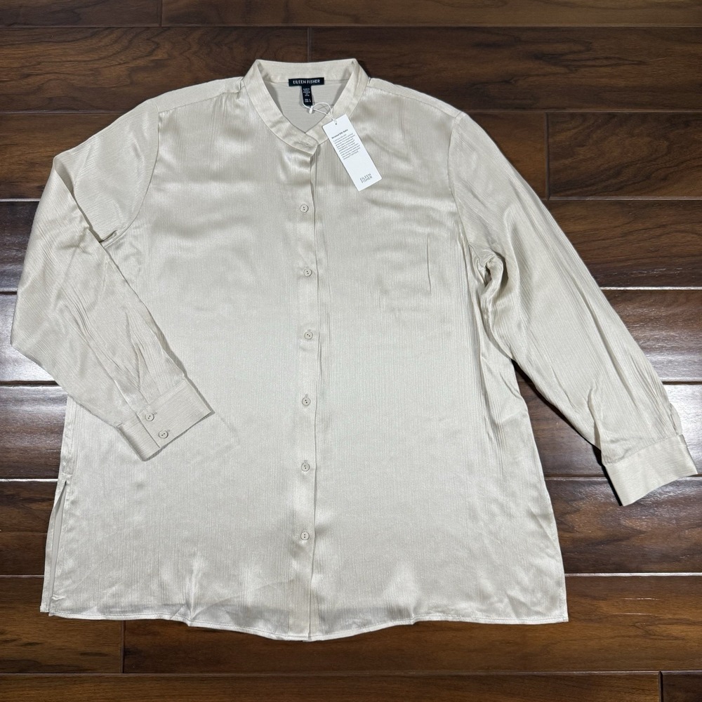 Eileen Fisher Size Large Almond Textured‎ Silk Mandarin Collar Shirt Top